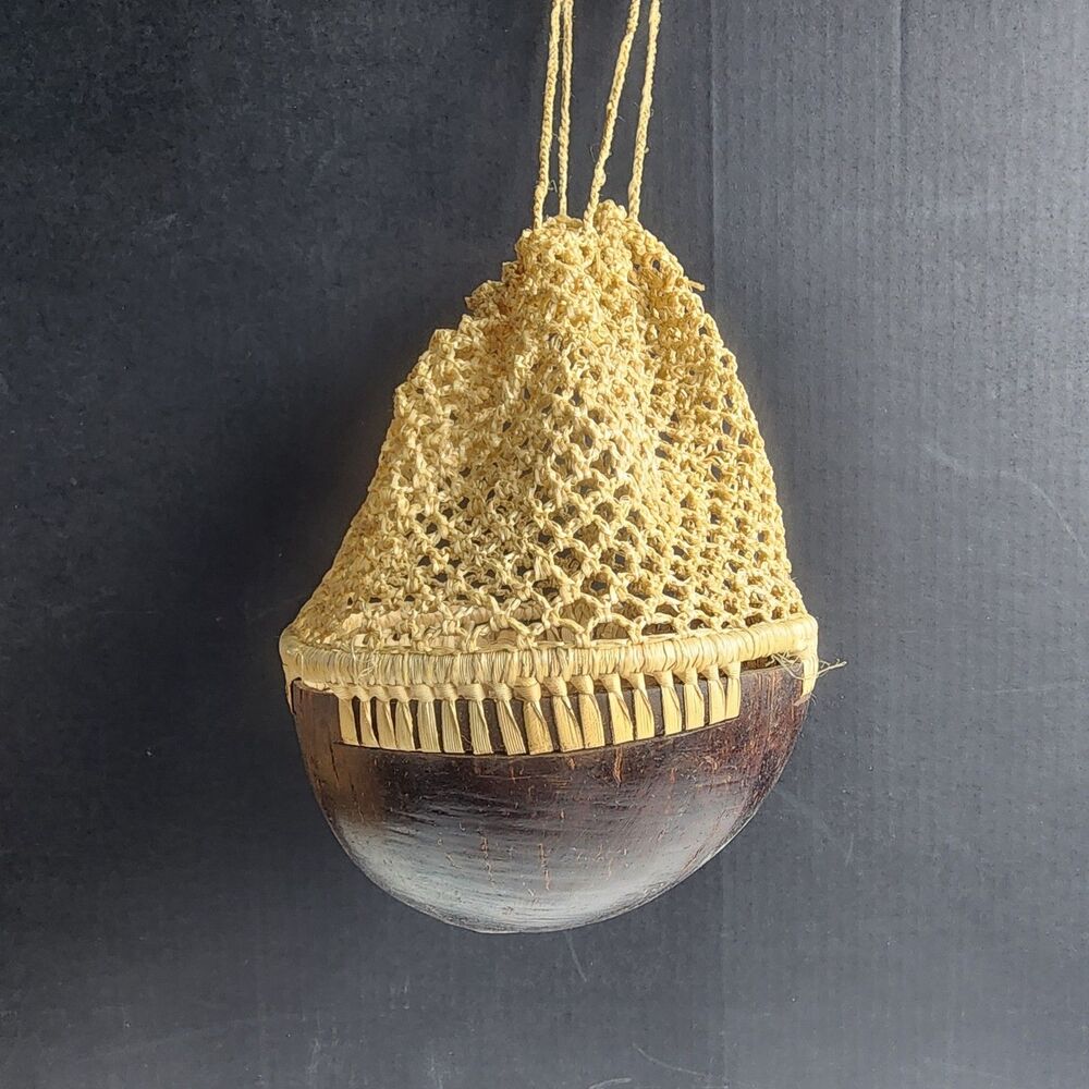 Vintage Hand-Carved Coconut Shell Woven Net Basket/Pouch - Unique Folk Art Decor